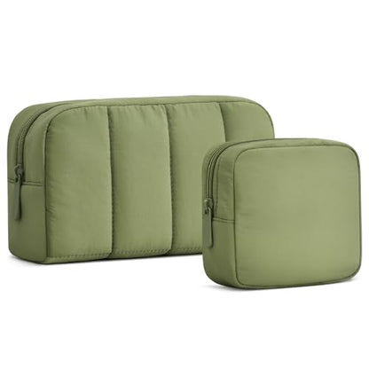 oscaurt 2 Pcs Makeup Bag Travel Toiletry Bag for Women Puffy Padded Cosmetic Pouch Purse Wide-open Makeup Organizer Case Travel Essentials - color: Army Green-Set