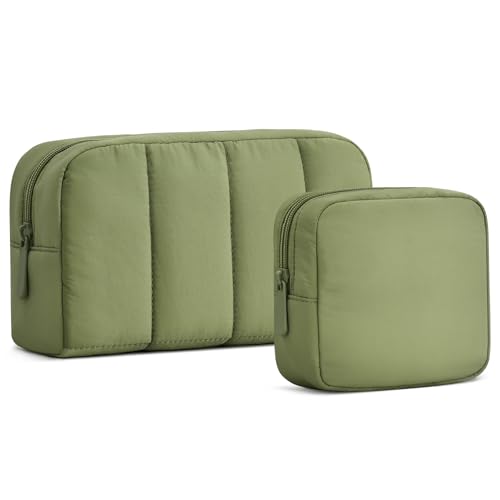 oscaurt 2 Pcs Makeup Bag Travel Toiletry Bag for Women Puffy Padded Cosmetic Pouch Purse Wide-open Makeup Organizer Case Travel Essentials - color: Army Green-Set