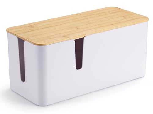 ZhiYo Bamboo Lid Cord Organizer Box, Safe ABS Cable Management Box for TV and Computer, Wood Cover Cord Hider to Hide Wires, Router, USB Hub & Under Desk Power Strip, 1 Pack L13.1 xW5.6 xH5.6 White - color: White, size: Large