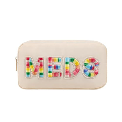 Chenille Letter Patch Nylon Medicine Packages,Cute MEDS Travel Makeup Bag with Metal Zipper, First Aid Purse Organizer Cosmetic Bag for Women and Girls(01Beige) - color: 01Beige