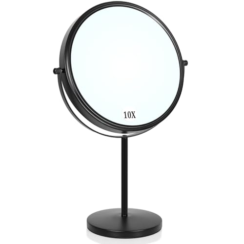 Large Size Tabletop Makeup Mirror with Magnification, 9-Inch Double-Sided 360° Swivel Free Standing Vanity Mirror, 1X/10X Magnifying Mirror with Stand for Bathroom & Bedroom, Matte Black, No Light - color: Black-9in-10x