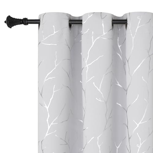 BUHUA White Blackout Curtain Panels, Room Darkening Curtains 96 Inches Long Grommet, Thermal Insulated Window Curtains with Silver Tree Branches Print, 38W x 96L, Greyish White, 2 Panels - color: Greyish White, size: 38"W x 96"L (Pack of 2)
