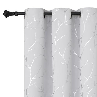 BUHUA White Blackout Curtain Panels, Room Darkening Curtains 96 Inches Long Grommet, Thermal Insulated Window Curtains with Silver Tree Branches Print, 38W x 96L, Greyish White, 2 Panels - color: Greyish White, size: 38"W x 96"L (Pack of 2)