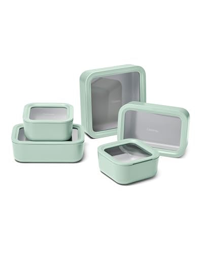 Caraway 13pc Glass Food Storage Container Set - Easy to Store, Non Toxic Lunch Box - with Glass Lids - Includes Storage Organizer - Mist - color: Mist, size: Food Storage Set (13x)