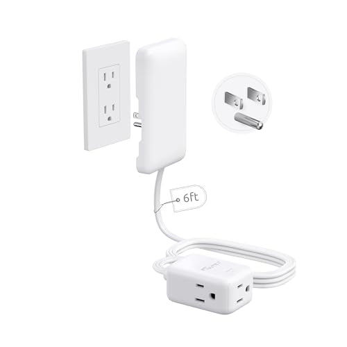 NUTICT Outlet Cover Extension Cord 6ft, 3 Outlets Indoor Extension Cord Flat Wall Plug, 900J Surge Protector, 13A/1625W, ETL Listed, Flat Power Strip Hidden Behind TV Bed Dresser Bookshelf, White - color: White, size: 6ft(3 Prong Plug), style: for Standar