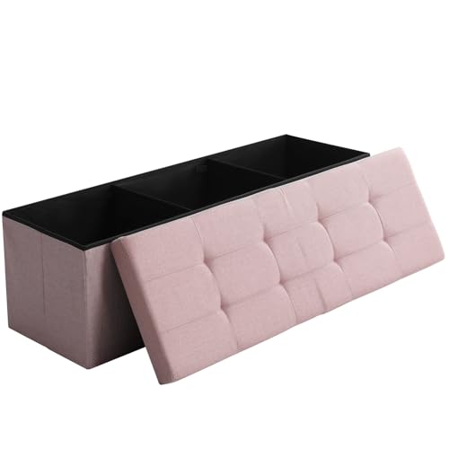 45.3 Inches Storage Ottoman Bench Foldable Seat Footrest Shoe Bench End of Bed Storage with Flipping Lid, 166L Storage Space, Linen Fabric Pink - color: Pink, size: 45.3" Flip