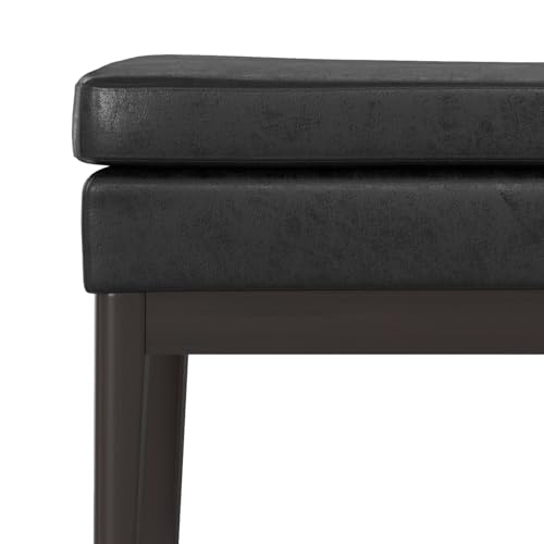 SIMPLIHOME Carlson Ottoman Bench - 45 inch Wide Upholstered Vegan Leather Rectangle Ottoman in Distressed Black, Mid Century Modern Bench for Bedroom, Entryway or Living Room with Padded Seat - color: Distressed Black, style: Ottoman Bench