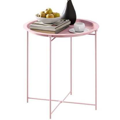 End Table Set of 2,Pink Outdoor Side Table, Small Patio Round Folding Metal Side Tables for Outdoor,Living Room,Bedroom Balcony and Office, 2 PCS - color: Pink