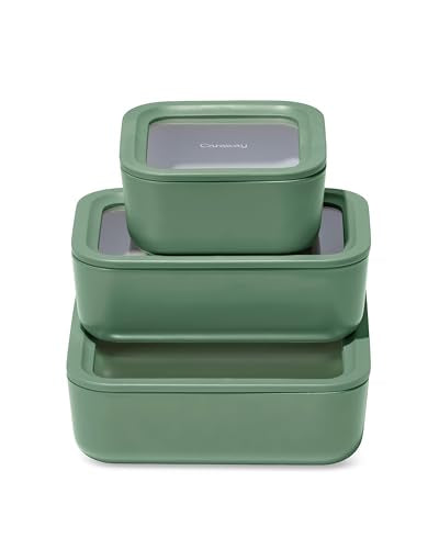 Caraway 3pc Glass Food Storage Set – 10 Cup, 6.6 Cup, & 4.4 Cup Food Containers - Ceramic Coated - Non Toxic Non Stick Lunch Box with Glass Lids - Dishwasher, Oven, & Microwave Safe - Sage - color: Sage, size: Food Storage Set (3x)