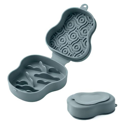 Collapsible Dog Travel Bowl with Lid, Portable Slow Feeder & Lick Mat Combo, Mess-Free Clamshell Silicone Water Dish for Hiking (Bluish) - color: bluish