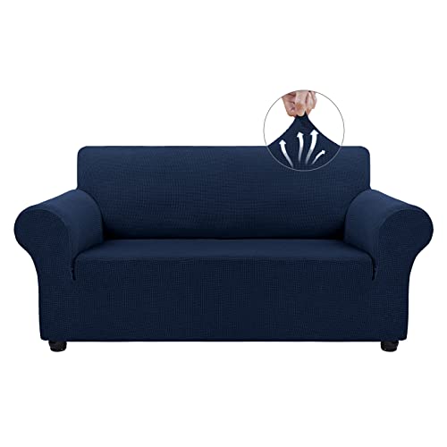 Asnomy Sofa Covers for 2 Cushion Couch Stretch loveseat Covers Slipcovers, Pet Protector Furniture Covers for Dogs Cats Spandex Jacquard Fabric Small Checks （Medium， Navy Blue） - color: Navy Blue, size: Medium