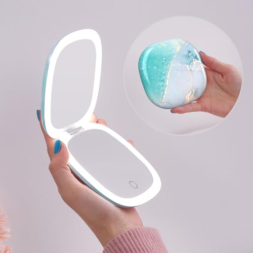 Mocado Compact LED Travel Makeup Mirror - 4 Inches 1X/10X Magnification Travel Mirror with Light Dimmable Double Sides Lighted USB Rechargeable Compact Mirror for Purse,Pocket,Travel(Blue Marble) - color: Blue Marble