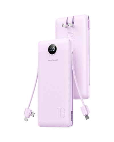 VEGER AC Wall Plug Portable Charger, 10000mah Slim Portable Charger Built in Cables, USB C Power Bank 15W Fast Charging, Travel Essential Battery Pack Compatible with iPhone, Android and More(Purple) - color: Purple