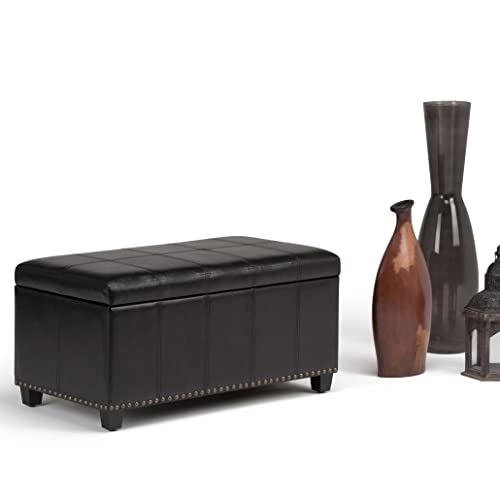SIMPLIHOME Amelia Storage Ottoman - 33 inch Wide Vegan Leather Rectangle Storage Ottoman Bench in Midnight Black, Transitional Ottoman for Living Room with Nailhead Trim and Lift-Up Lid - color: Midnight Black