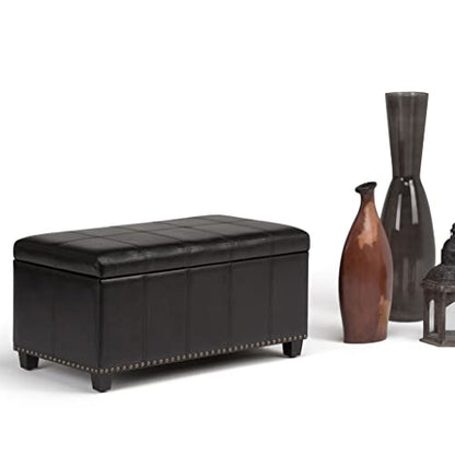SIMPLIHOME Amelia Storage Ottoman - 33 inch Wide Vegan Leather Rectangle Storage Ottoman Bench in Midnight Black, Transitional Ottoman for Living Room with Nailhead Trim and Lift-Up Lid - color: Midnight Black