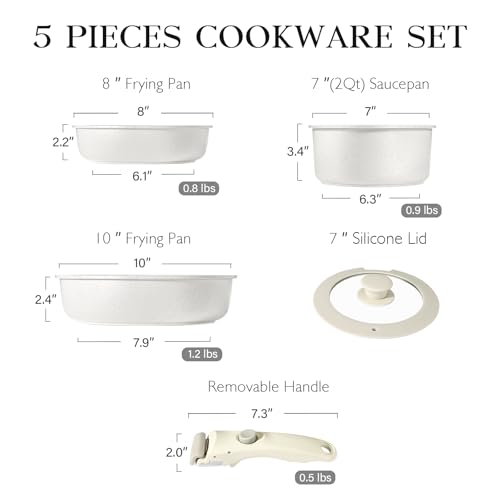 GiPP 5Pcs Pots and Pans Set Non Stick, Cookware Sets Nonstick Detachable Handle, Induction Kitchen Set Removable Handle, RV Cookware set, Oven Safe - color: White, size: 5PCS