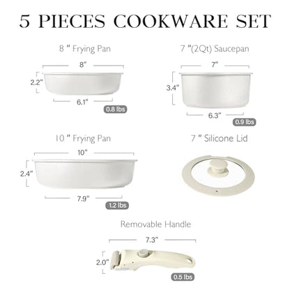 GiPP 5Pcs Pots and Pans Set Non Stick, Cookware Sets Nonstick Detachable Handle, Induction Kitchen Set Removable Handle, RV Cookware set, Oven Safe - color: White, size: 5PCS