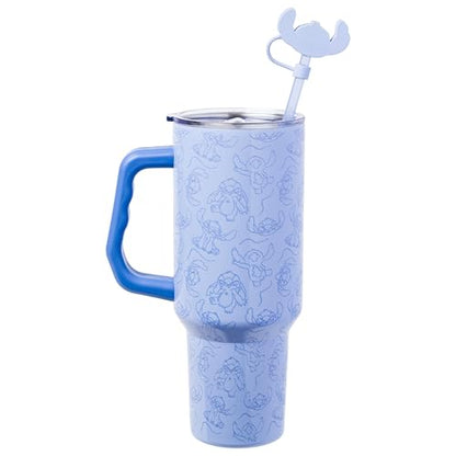 Silver Buffalo Disney Lilo and Stitch Poses Pattern Double Walled Stainless Steel Tumbler with Handle, Straw, and Straw Cap, Fits in Standard Cup Holder, 40 Ounces - color: Disney Lilo and Stitch Poses