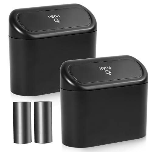 NBTEPEM Car Trash Can with Lid - 2 Pack, Mini Auto Garbage Can with 60 Trash Bags, Leakproof Automotive Garbage Container Bin, Multipurpose Organizers and Storage for Car, Home, Office (Black) - color: Black