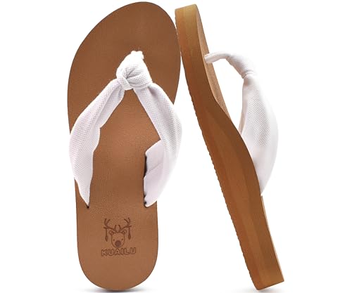 KuaiLu Flip Flops for Women with Arch Support Yoga Mat Comfortable Summer Beach Walking Thong Cushion Sandals Slip On Indoor Outdoor - color: White Khaki, size: 8