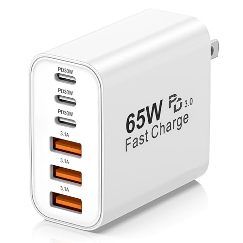 USB C Charger Block,65W 6-Port USBC Charging Block,Wall Charger iPhone Charger Fast Charging,Multiport Type C PD+QC Power Plug for All iPhone 17 16 15 iPad Samsung S23 S24 iWatch Pixel Series (White) - color: White