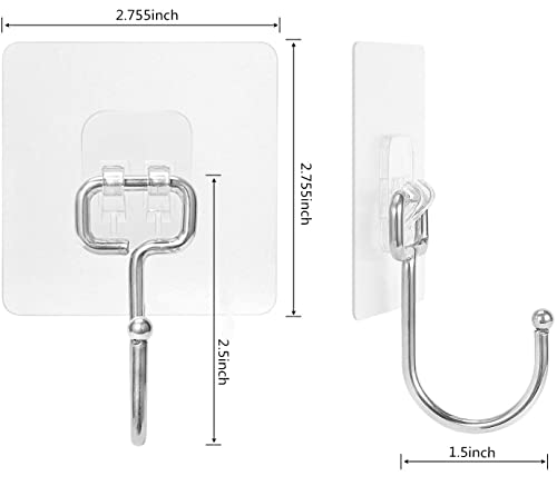 Large Adhesive Hooks 22Ib(Max),Waterproof and Rustproof Wall Hooks for Hanging Heavy Duty,Stainless Steel Towel and Coats Hooks to use Inside Kitchen Bathroom Home and Office 8 Pack (Transparent)