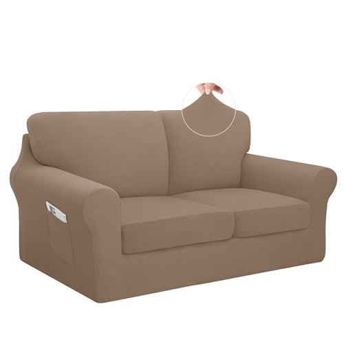 Easy-Going 5 Pieces Stretch Loveseat Cover Washable Loveseat Slipcover Set for 2 Backrest and Seat Cushion Couch Anti-Slip Sofa Couch Cover Furniture Protector with Elastic Bottom (Medium, Camel) - color: Camel, size: Medium