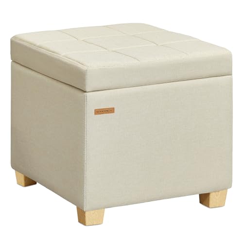 SONGMICS Square Storage Ottoman, Foot Stool Footrest with Legs, Ottoman Cube with Hinged Lid, for Living Room, Bedroom, 16.9 x 16.9 x 18.1 Inches, Linen-Look Fabric, Summer Sand ULOM509LF01 - color: Summer Sand, size: 16.9"D x 16.9"W x 18.1"H, style: Clas