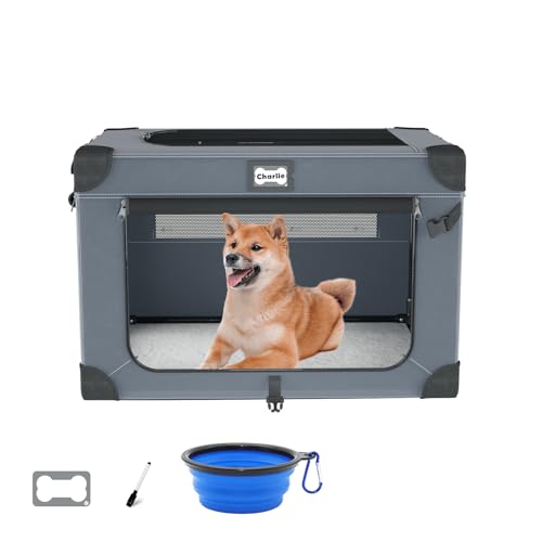 30 Inch Soft Dog Crates, Collapsible Dog Travel Crate for Medium Dogs Indoor & Outdoor, 3-Door Foldable Pet Kennel with Mesh Windows, Soft Blanket and Foldable Bowl - color: Blue-M