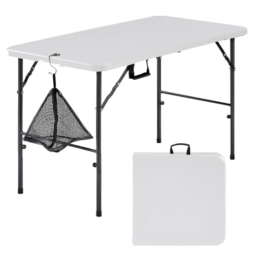 VECELO Folding Table 4 Foot with Mesh Bag, Indoor Outdoor Heavy-Duty Portable w/Handle,Fold-in-Half for Picnic, Party, Camping, White - color: White, size: 47.2 in Rectangular Folding Table