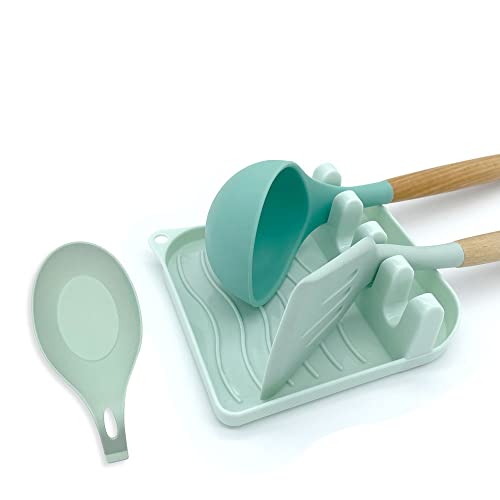 2 Pack Multiple Utensil Spoon Rest with Drip Pad Non-Slip Heat Resistant Kitchen and Grill Spoon Holder for Spatula, Ladle, Tongs, Kitchen Gadgets, and Cooking Accessories (Light Green) - color: Light Green