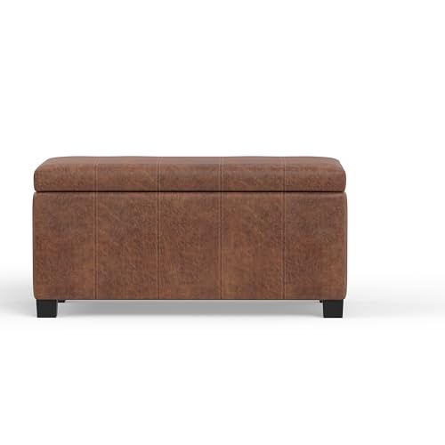 SIMPLIHOME Dover Storage Ottoman Bench - 36 inch Wide Upholstered Vegan Leather Rectangular Lift-Top Ottoman in Distressed Umber Brown, Contemporary Bench for Living Room with Safety Hinges - color: Distressed Umber Brown