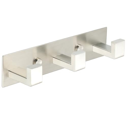 Alise Coat Hooks Wall Mount,Hat and Coat Rack with 3 Hooks Wall Mount Key Hooks for Robes,Bags,Keys,and Towels,SUS304 Stainless Steel Wall Hooks for Hanging,Self Adhesive or Drilling,Brushed - color: Brushed, size: (L-Square)3-Hooks