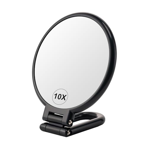 BOOMIBOO 1X/10X Magnifying Handheld Mirror Double Sided, Foldable Travel Makeup Mirror, Adjustable Rotation Pedestal Hand/Hanging/Desk Vanity Mirror-Black - color: Black