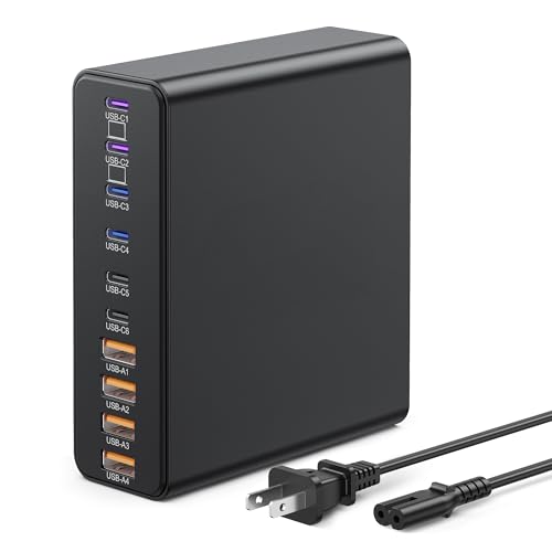 USB C Charging Station, GaN Fast USB C Charger Block-10 Port, Type C for PC Laptop MacBook Pro/Air Charger Compatible with iPhone Pro Max, iPad, Galaxy (Black) - color: Black
