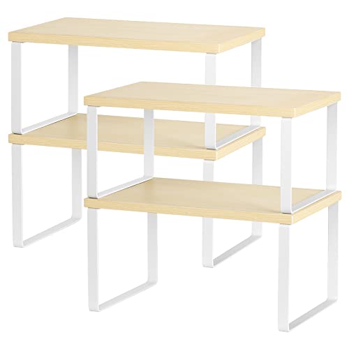 Counter Shelves Set of 4 Stackable Kitchen Cabinet Organizer Shelf and Expandable Wood Countertop Shelves for Bathroom Study Room, White - color: White