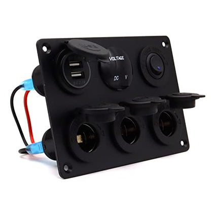 Dual USB Charger Socket Panel for Car, Waterproof 3-Socket 12V Cigarette Lighter Power Outlet Adapter & LED Voltmeter & ON-Off Toggle Switch Multi-Functions Panel for Boat Car RV Truck, for 12-24V Car