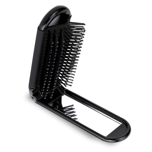 Portable Travel Hair Brush, Small Foldable Hairbrush Compact Hair Brush with Mirror and Round Tip Nylon Bristles for Women and Men, Mini Pocket Size Comb for Car Gym Bag Purse Locker (Black) - color: Black