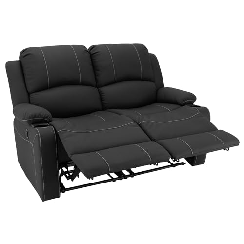 Camper Comfort 58" Wall Hugger Reclining RV Theater Seats | Double Recliner RV Sofa | RV Couch | Wall Hugger Recliner | RV Theater Seating | RV Furniture (Powered, Black w/White Stiching) - color: Black W/ White Stiching, style: Powered