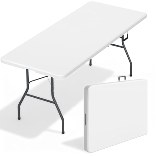 FDW 6FT Folding Table, Portable Fold-in-Half Plastic Picnic Party Table with Carrying Handle (White - color: White, size: 6 FT 70"x29"