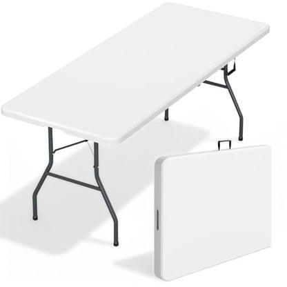 FDW 6FT Folding Table, Portable Fold-in-Half Plastic Picnic Party Table with Carrying Handle (White - color: White, size: 6 FT 70"x29"