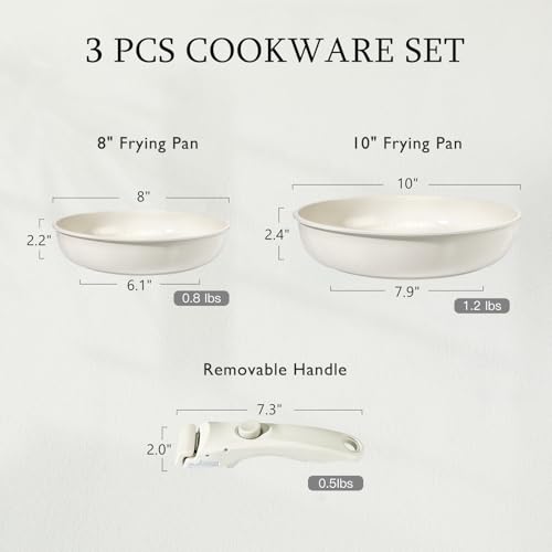 GiPP Non Stick Frying Pans Set Removable Handle, Oven Safe Nonstick Fry Pan Skillets with Detachable Handle, Granite Coating Healthy Cooking Compatible with All Stovetops, PFOA Free, RV Cookware set - color: White, size: 3PCS