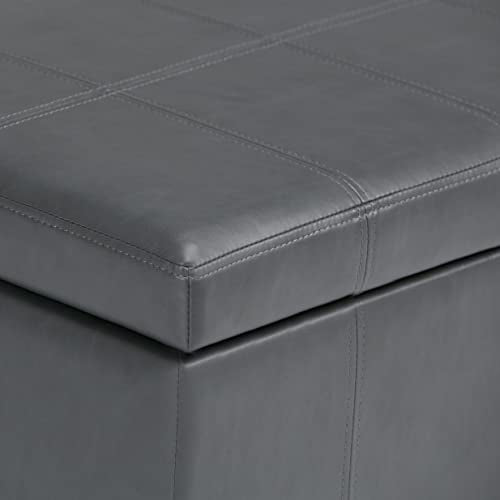 SIMPLIHOME Amelia Storage Ottoman - 33 inch Wide Vegan Leather Rectangle Storage Ottoman Bench in Stone Grey, Transitional Ottoman for Living Room with Nailhead Trim and Lift-Up Lid - color: Stone Grey