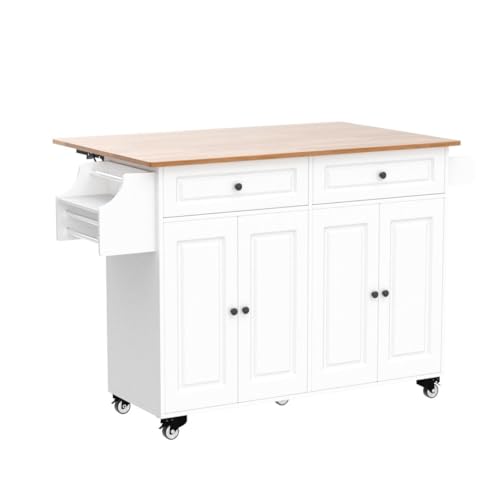QSun Kitchen Island on Wheels Kitchen Cart with Rubber Wood Top, Mobile Kitchen Island with Double Storage Cabinet and Drawers, Island Table for Kitchen (White) - color: White