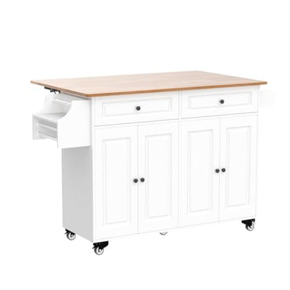 QSun Kitchen Island on Wheels Kitchen Cart with Rubber Wood Top, Mobile Kitchen Island with Double Storage Cabinet and Drawers, Island Table for Kitchen (White) - color: White