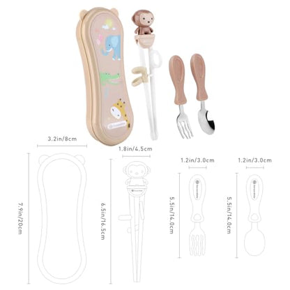 Toddler Utensils Stainless Steel Kids Silverware Set with Kids Training Chopsticks and Baby Spoon and Fork for Self Feeding Learning with Case - color: Brown Brown Brown