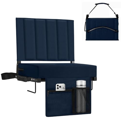 Stadium Seat for Bleachers with Back Support, Portable Bleacher Seat with Wide Comfy Padded Cushion, Metal Hook, Folding Stadium Chair with Shoulder Strap, Carry Handle, Cup Holder, Navy Blue - color: Navy Blue