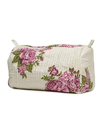 Cotton Hand Block Floral Print Toiletry Bag For Women Make Up Cosmetic Bag Jewelry Organizer Kit Storage Bag Case Travel Accessories Essential Toiletries Purse Open Pouch White 1 (9.25"x 6.88"x 4.5") - color: Cream, size: Set of 1