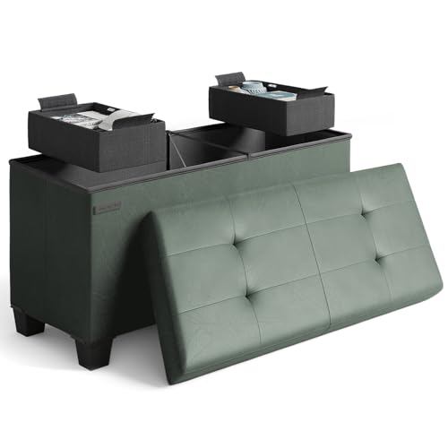 Storage Ottoman Bench with Bins, 30-in Storage Bench for Bedroom End of Bed, Folding Foot Rest Ottoman for Living Room Max 660lbs, Leather Ottomans, Green - color: 03 - Green