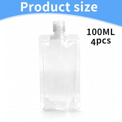 4 Pcs 100ml Refillable Travel Pouches for Toiletries, Reusable Liquid Travel Pouches for Liquids, Portable Fluid Packing Bags, Small Toiletry Pouch for Lotion Shampoo Conditioner Soap Liquids - size: 100ml
